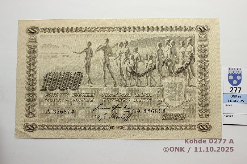 k-0277-a.jpg - Kohde 277 (kuva 1/2), lhthinta: 2000 € / myyntihinta: 2000 € 1000 mk 1922 SNY 197.1.1 A326873 GR I-The, ilman laattan:oa, matta, kunto: 6
