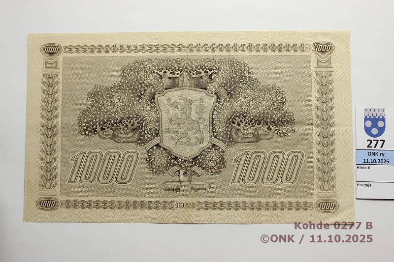 k-0277-b.jpg - Kohde 277 (kuva 2/2), lhthinta: 2000 € / myyntihinta: 2000 € 1000 mk 1922 SNY 197.1.1 A326873 GR I-The, ilman laattan:oa, matta, kunto: 6