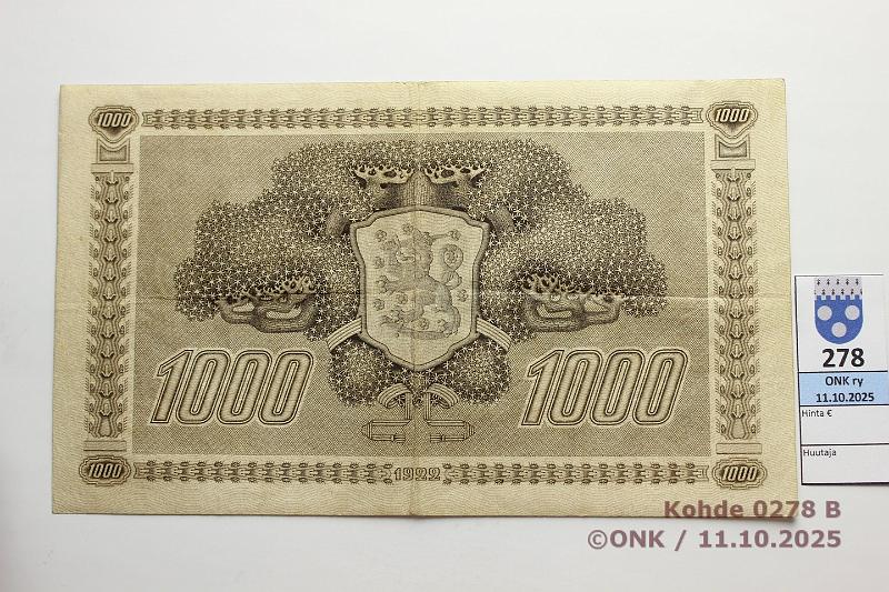 k-0278-b.jpg - Kohde 278 (kuva 2/2), l�ht�hinta: 2700 &euro; / myyntihinta: 2700 &euro; 1000 mk 1922 SNY 197.1.2 B068629 GR� I-M�l, laattan:o, eprep, kunto: 5