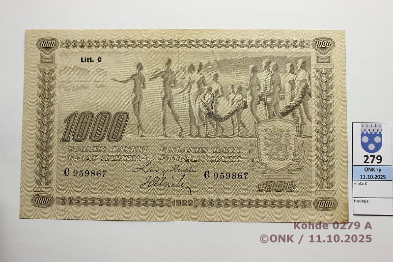 k-0279-a.jpg - Kohde 279 (kuva 1/2), lhthinta: 60 € / myyntihinta: 60 € 1000 mk 1922 LC tI SNY 197.3.1 C959867 HEU-Als, prsstty, eprep, tp hieman likaa, kunto: 5
