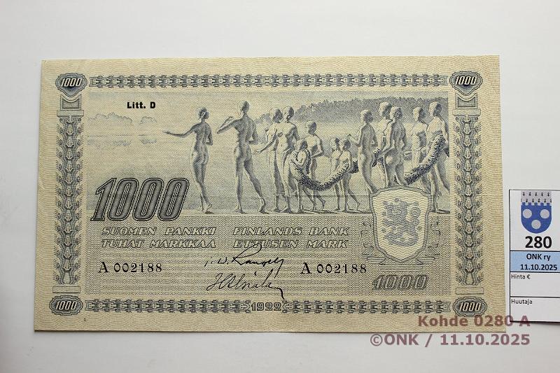 k-0280-a.jpg - Kohde 280 (kuva 1/2), lhthinta: 2900 € / ei tarjouksia 1000 mk 1922 LD SNY 197.4 A002188 RAN-Als, ep neulanreik, poikkeuksellinen kunto!, kunto: 6