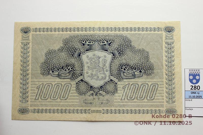 k-0280-b.jpg - Kohde 280 (kuva 2/2), l�ht�hinta: 2900 &euro; / ei tarjouksia 1000 mk 1922 LD SNY 197.4 A002188 RAN-Als, ep neulanreik�, poikkeuksellinen kunto!, kunto: 6