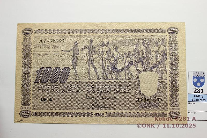 k-0281-a.jpg - Kohde 281 (kuva 1/2), l�ht�hinta: 70 &euro; / ei tarjouksia 1000 mk 1945 LA SNY 199.1.1 A7462666 TUO-Wah, kunto: 4