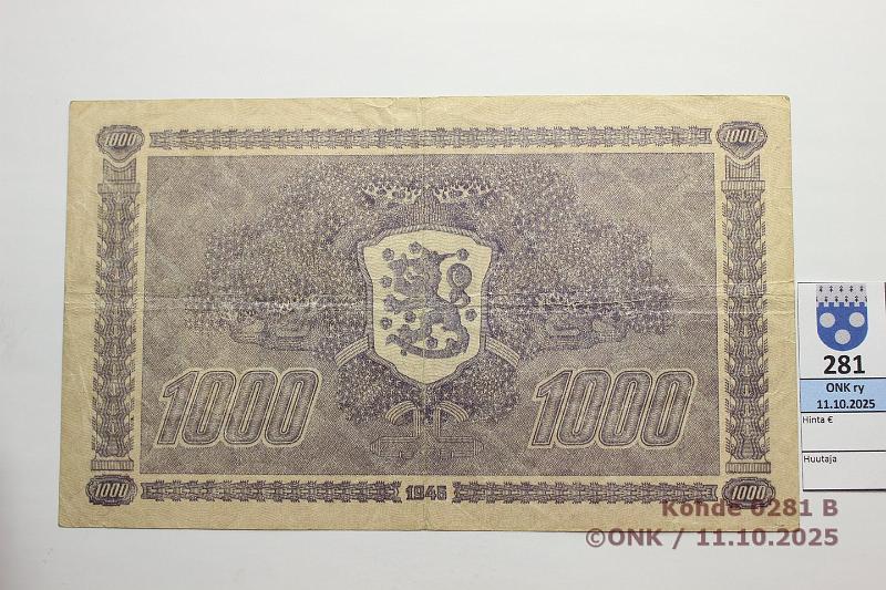 k-0281-b.jpg - Kohde 281 (kuva 2/2), l�ht�hinta: 70 &euro; / ei tarjouksia 1000 mk 1945 LA SNY 199.1.1 A7462666 TUO-Wah, kunto: 4