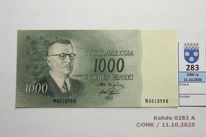 k-0283-a.jpg - Kohde 283 (kuva 1/2), lhthinta: 50 € / ei tarjouksia 1000 mk 1955 SNY 200.1.1 N8018550 KA I-AAs, vl1, kunto: 7