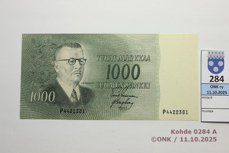 k-0284-a.jpg - Kohde 284 (kuva 1/2), lhthinta: 100 € / ei tarjouksia 1000 mk 1955 SNY 200.1.1 P4422381 LEI-Eng, vl1, kunto: 10