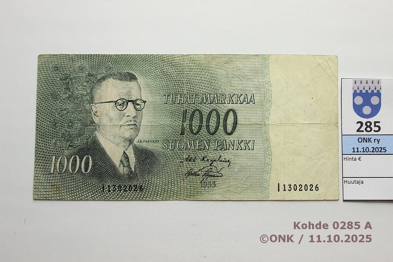 k-0285-a.jpg - Kohde 285 (kuva 1/2), l�ht�hinta: 50 &euro; / ei tarjouksia 1000 mk 1955 SNY 200.1.3 I1302026 KA I-AAs, vl2, kunto: 4