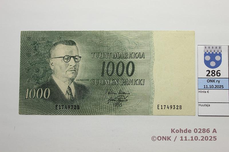 k-0286-a.jpg - Kohde 286 (kuva 1/2), lhthinta: 80 € / ei tarjouksia 1000 mk 1955 SNY 200.1.3 E1749328 WAR-AAs, vl2, matta, eprep, kunto: 6