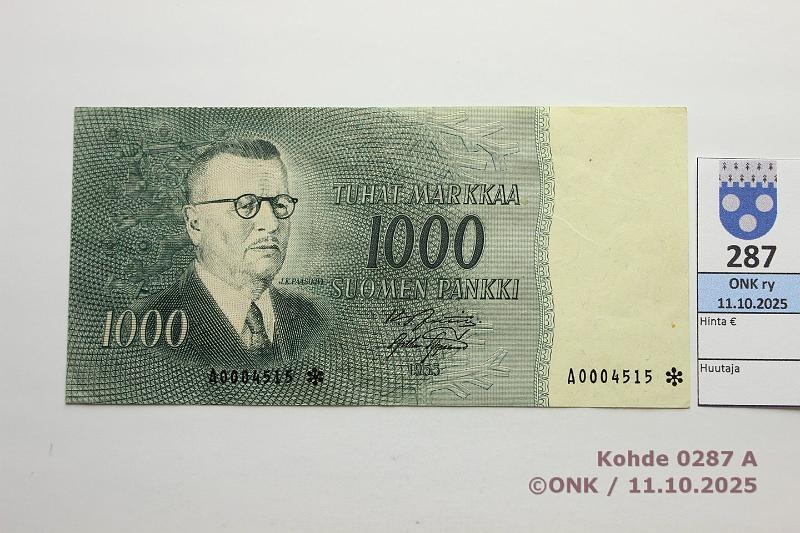 k-0287-a.jpg - Kohde 287 (kuva 1/2), l�ht�hinta: 100 &euro; / myyntihinta: 100 &euro; 1000 mk 1955 A* SNY 200.2.1 A0004515* JUT-AAs, vl1, korvaava, kunto: 6
