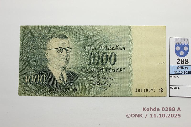 k-0288-a.jpg - Kohde 288 (kuva 1/2), l�ht�hinta: 120 &euro; / myyntihinta: 120 &euro; 1000 mk 1955 A* SNY 200.2.2 A0110877* SIM-Eng, vl2, korvaava, isoja rep, kunto: 3