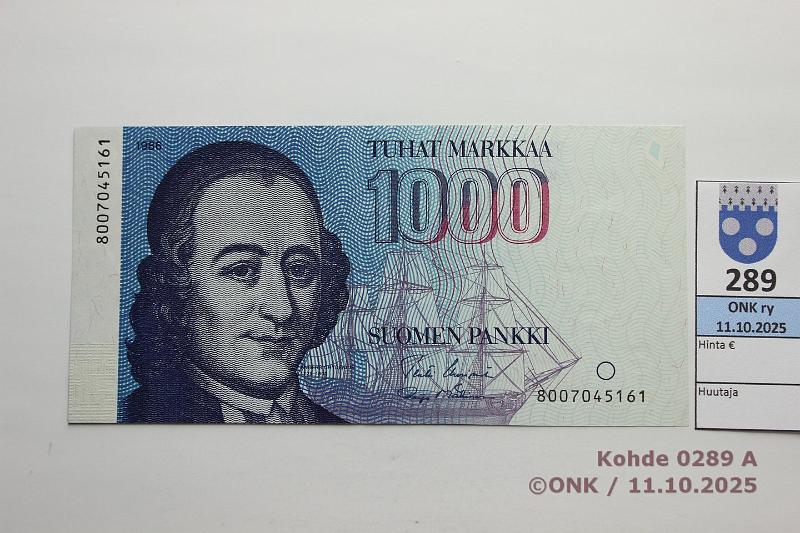 k-0289-a.jpg - Kohde 289 (kuva 1/2), lhthinta: 180 € / ei tarjouksia 1000 mk 1986 SNY 201.1 8007045161 UUS-M1, kunto: 8