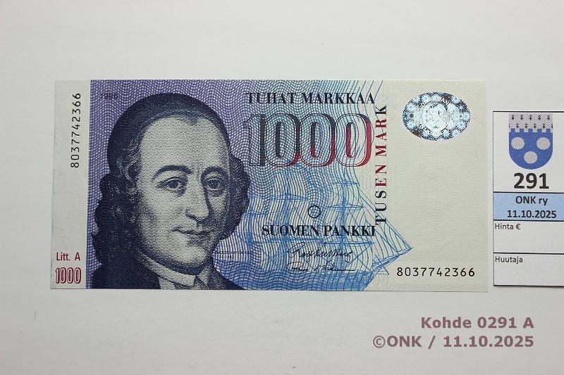k-0291-a.jpg - Kohde 291 (kuva 1/2), lhthinta: 150 € / myyntihinta: 150 € 1000 mk 1986 LA SNY 201.3.1 8037742366 KU II-M1, painuma, kunto: 9