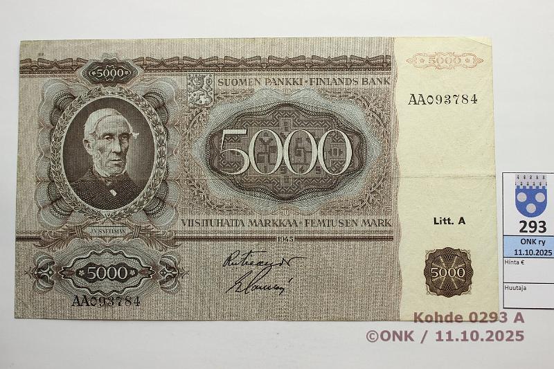 k-0293-a.jpg - Kohde 293 (kuva 1/2), l�ht�hinta: 2000 &euro; / ei tarjouksia 5000 mk 1945 LA SNY 204.1.1 AA093784 FIE-Sac, 2 kirjaimella, kunto: 5
