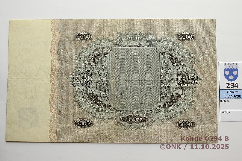 k-0294-b.jpg - Kohde 294 (kuva 2/2), lhthinta: 250 € / myyntihinta: 255 € 5000 mk 1945 LA SNY 204.1.1 W447954 TUO-Kil, ap km, kunto: 5