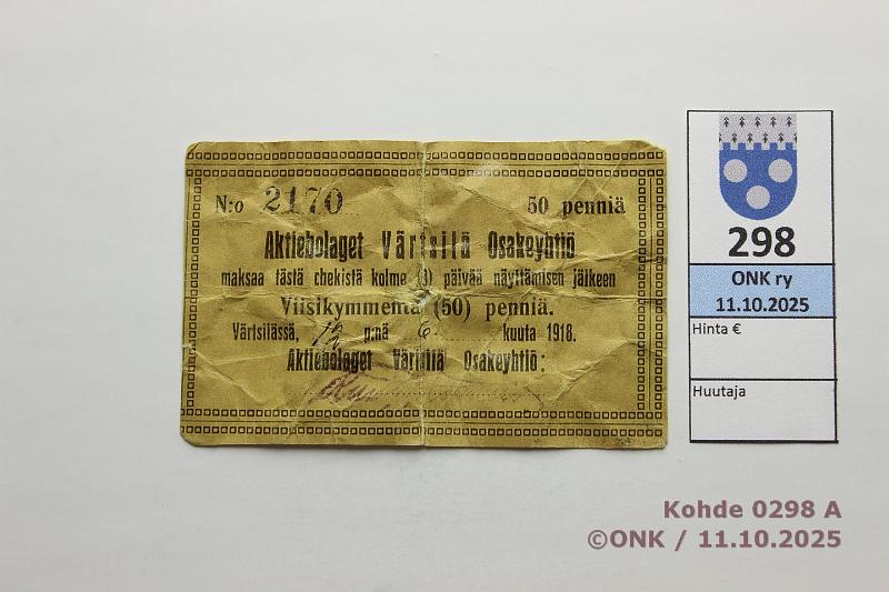 k-0298-a.jpg - Kohde 298 (kuva 1/2), lhthinta: 40 € / ei tarjouksia Vrtsil 50 p 1918 Pasanen 134b N:o 2170, rep, reiki, kunto: 3