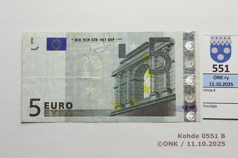 k-0551-b.jpg - Kohde 551 (kuva 2/2), lhthinta: 100 € / myyntihinta: 100 € Ranska 5 € 1/2/U/L27 U53710251314 L027 C6 Tri, kaksoispainanta taustapuolella, var A, kunto: 4
