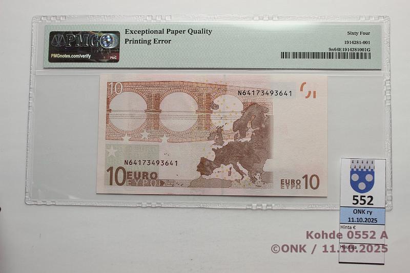 k-0552-a.jpg - Kohde 552 (kuva 1/2), l�ht�hinta: 4000 &euro; / ei tarjouksia It�valta 10 &euro; 2/2/N/F10 N64173493641 F010 D6 Tri, PMG-slabissa 64, v�rit levinneet ak-puolella, tunnetaan 3 kpl, kunto: 9