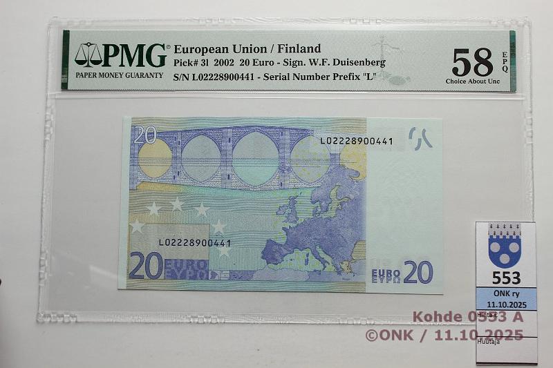 k-0553-a.jpg - Kohde 553 (kuva 1/2), lhthinta: 1000 € / ei tarjouksia Suomi 20 € 3/1/L/D1 L02228900441 D001 C5 Dui, PMG-slabissa 58, helmiisnauha puuttuu, kunto: 8