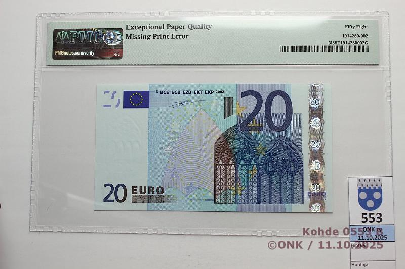 k-0553-b.jpg - Kohde 553 (kuva 2/2), lhthinta: 1000 € / ei tarjouksia Suomi 20 € 3/1/L/D1 L02228900441 D001 C5 Dui, PMG-slabissa 58, helmiisnauha puuttuu, kunto: 8