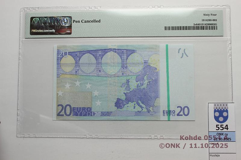 k-0554-a.jpg - Kohde 554 (kuva 1/2), lhthinta: 1000 € / ei tarjouksia Kreikka 20 € 3/1/Y/N1 N001 D4 Dui, PMG-slabissa 64, sarjan:o puuttuu, viivamittinti, kunto: 9