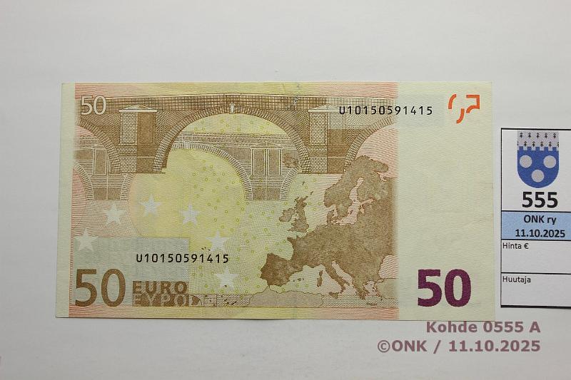 k-0555-a.jpg - Kohde 555 (kuva 1/2), l�ht�hinta: 200 &euro; / ei tarjouksia Ranska 50 &euro; 4/1/U/L6 U10150591415 L006 C2 Dui, turvalanka pilkist��, hologrammi puuttuu, kunto: 7