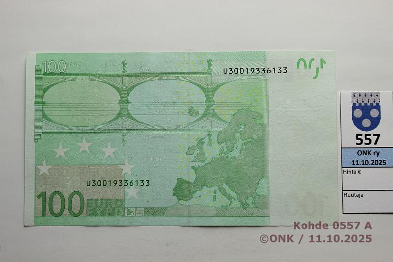 k-0557-a.jpg - Kohde 557 (kuva 1/2), lhthinta: 2000 € / ei tarjouksia Ranska 100 € 5/1/U/P6 U30019336133 P006 C4 Dui, violetti vri puuttuu 100 taustassa, mattapinta, lainetta, kunto: 8