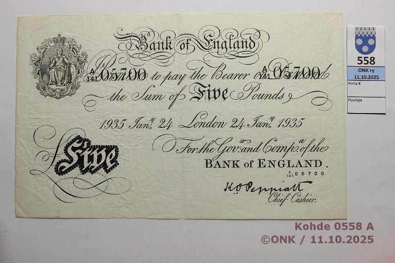 k-0558-a.jpg - Kohde 558 (kuva 1/2), lhthinta: 60 € / myyntihinta: 67 € Iso-Britannia 5  1935 Operaatio Bernhard, saksalainen Peppiat-vrenne. A141 05700 24.1.1935. Neulanreiki, kunto: 6