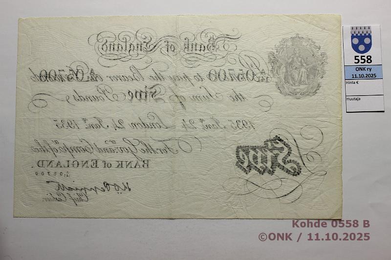 k-0558-b.jpg - Kohde 558 (kuva 2/2), l�ht�hinta: 60 &euro; / myyntihinta: 67 &euro; Iso-Britannia 5 � 1935 Operaatio Bernhard, saksalainen Peppiat-v��renne. A141 05700 24.1.1935. Neulanreiki�, kunto: 6