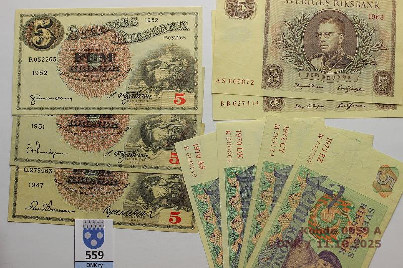 k-0559-a.jpg - Kohde 559 (kuva 1/2), lhthinta: 55 € / myyntihinta: 55 € Ruotsi 5 kr (22) 1947-81, P#33, 50, 51 1947, -51, -52, 63(2), -70(2), -72, -73, -77(2), -78(4), -79, -81(6). Pakkasileit 7 kpl, muut 4-8., kunto: 4-9