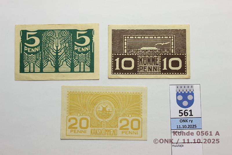 k-0561-a.jpg - Kohde 561 (kuva 1/2), lhthinta: 15 € / myyntihinta: 15 € Viro 5, 10 ja 20 p ND(1919) P#39-41, kunto: 5-8