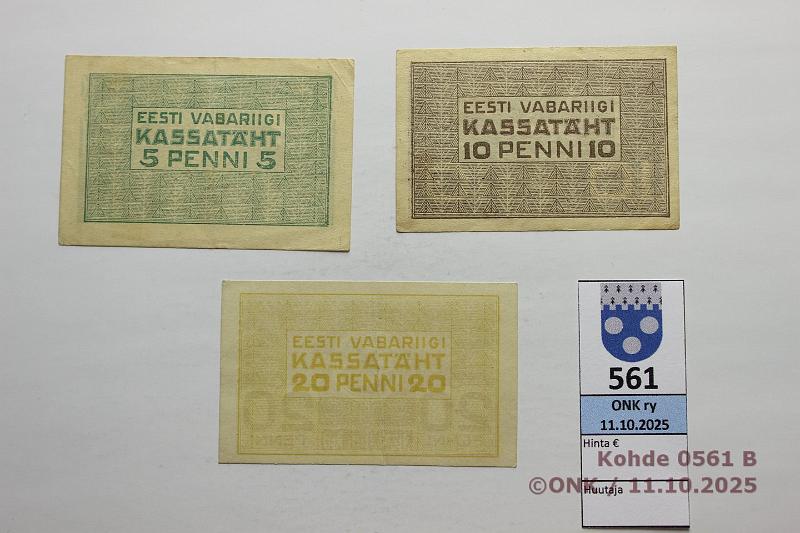 k-0561-b.jpg - Kohde 561 (kuva 2/2), lhthinta: 15 € / myyntihinta: 15 € Viro 5, 10 ja 20 p ND(1919) P#39-41, kunto: 5-8