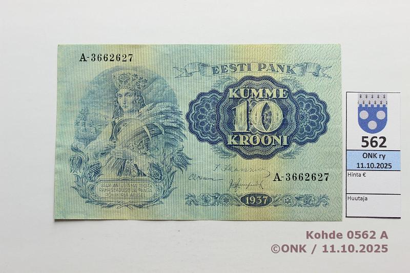 k-0562-a.jpg - Kohde 562 (kuva 1/2), l�ht�hinta: 30 &euro; / myyntihinta: 30 &euro; Viro 10 kr 1937 P#67a, kunto: 7