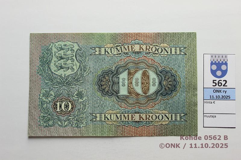 k-0562-b.jpg - Kohde 562 (kuva 2/2), lhthinta: 30 € / myyntihinta: 30 € Viro 10 kr 1937 P#67a, kunto: 7