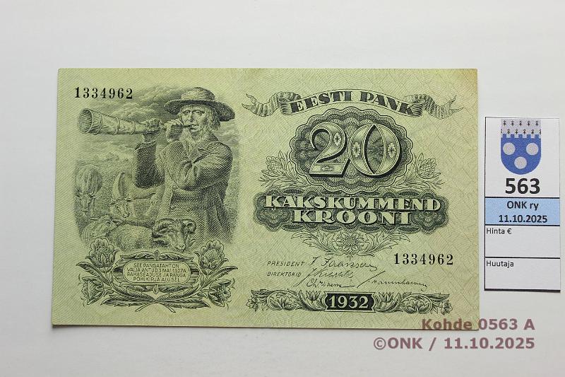 k-0563-a.jpg - Kohde 563 (kuva 1/2), lhthinta: 45 € / myyntihinta: 48 € Viro 20 kr 1932 P#64, kunto: 9