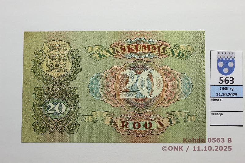 k-0563-b.jpg - Kohde 563 (kuva 2/2), lhthinta: 45 € / myyntihinta: 48 € Viro 20 kr 1932 P#64, kunto: 9