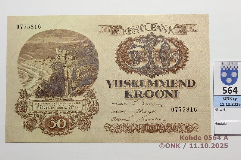 k-0564-a.jpg - Kohde 564 (kuva 1/2), l�ht�hinta: 70 &euro; / myyntihinta: 100 &euro; Viro 50 kr 1929 P#65 Painuma kulmassa, kunto: 9