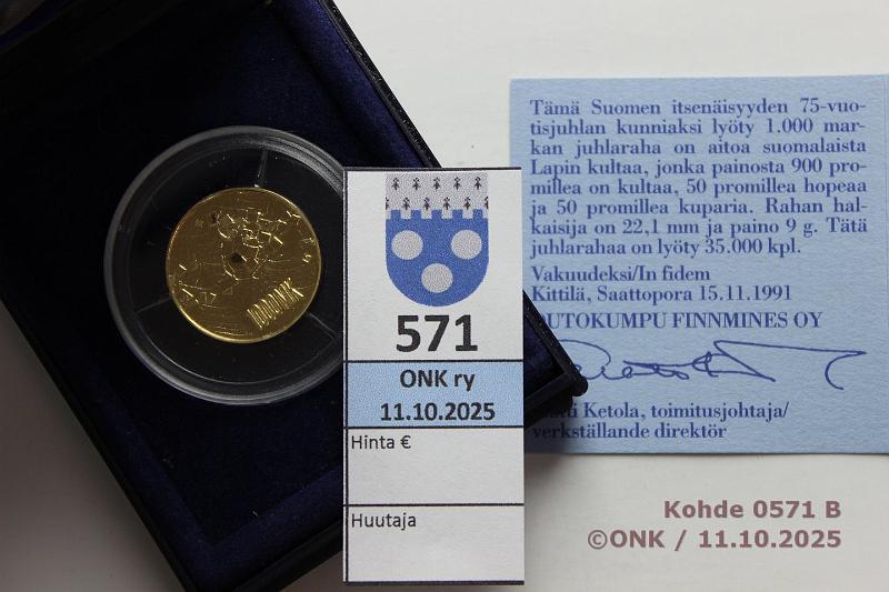 k-0571-b.jpg - Kohde 571 (kuva 2/2), lhthinta: 500 € / myyntihinta: 840 € 1000 mk 1992 Au, Proof, 9g/900, Suomi 75 v, laatikko+tod, kunto: 10