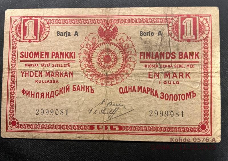 k-0576-a.jpg - Kohde 576 (kuva 1/3), lhthinta: 40 € / myyntihinta: 120 € 1 mk 1915 SA SNY 111.2 2999081 BA I-The, aikalaisvrenns, kunto: 3
