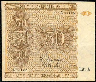 Litt A -merkinn�ll� varustettu laatta I:ll� painettu 50 mk:n seteli