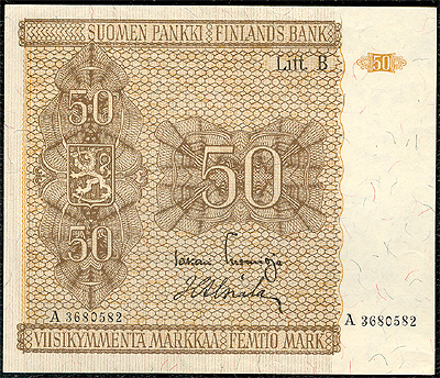 T�ss� kuvassa Litt B -merkinn�ll� varustettu laatta III:lla painettu 50 mk:n seteli vuodelta 1945