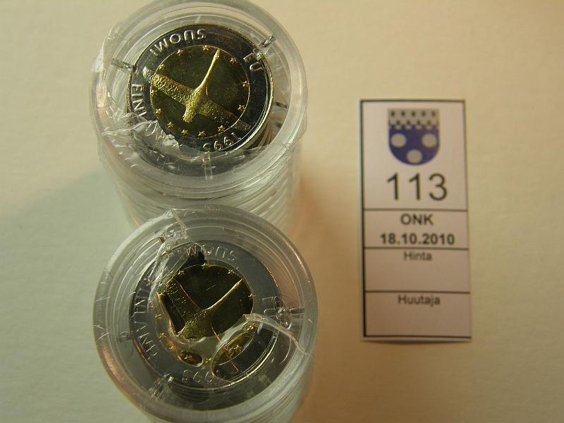 kohde_113_a.jpg - Kohde 113, l�ht�hinta: 50 &euro; 10 mk 1995 (20) EU joutsen, kapseleissa, kaksi avaamatonta 10 kpl muovirullaa, kunto: 10.