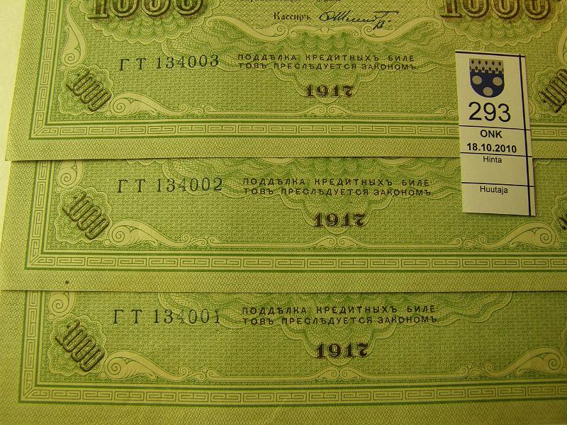 kohde_293_a.jpg - Kohde 293, l�ht�hinta: 5 &euro; Ven�j� 1000 ruplaa 1917 P-37 3 per. nroa, reunoissa sanomista, ei taitteita, kunto: 8.