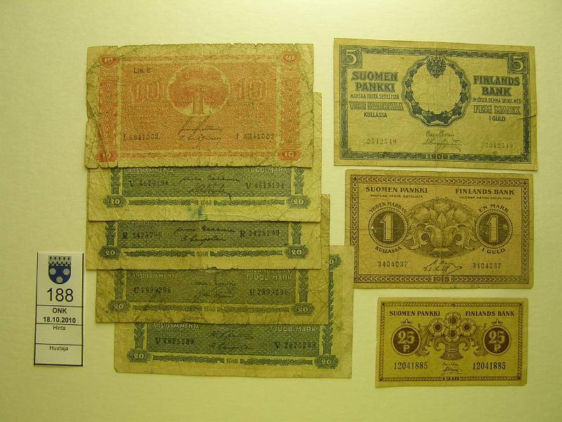 kohde_188_a.jpg - Kohde 188, l�ht�hinta: 5 &euro; / myyntihinta: 12 &euro; 25 p-20 mk Er� (8) 1909-45 25p+1mk 1918, 5mk-09, 10mk-45 LB, 20mk-45 LB (4), pehmoja, repe�mi�, kunto: 1-4.