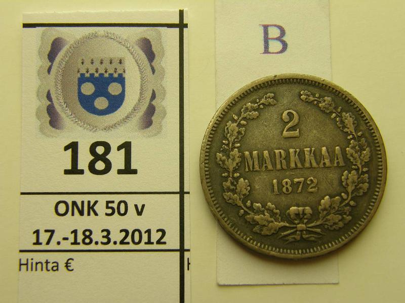 k-0181-b.jpg - Kohde 181 (kuva 2/2), l�ht�hinta: 15 &euro; / myyntihinta: 29 &euro; 2 mk 1872 Ag, kunto: 4/5