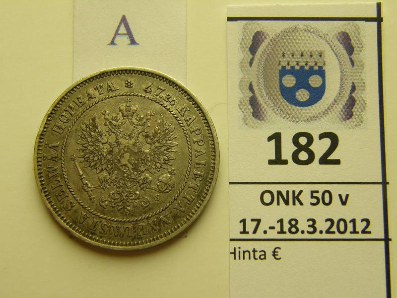 k-0182-a.jpg - Kohde 182 (kuva 1/2), l�ht�hinta: 15 &euro; / myyntihinta: 23 &euro; 2 mk 1874 Ag, kunto: 5