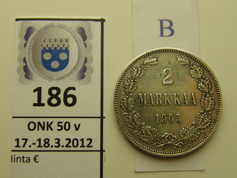 k-0186-b.jpg - Kohde 186 (kuva 2/2), l�ht�hinta: 200 &euro; / myyntihinta: 275 &euro; 2 mk 1905 Ag, pij�, eprv, puhd., kunto: 5