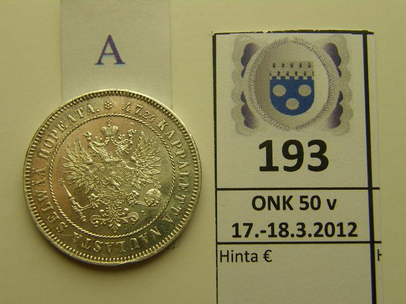 k-0193-a.jpg - Kohde 193 (kuva 1/2), l�ht�hinta: 45 &euro; / myyntihinta: 72 &euro; 2 mk 1908 Ag, hnja, leimakiiltoinen, kaunis!, kunto: 8