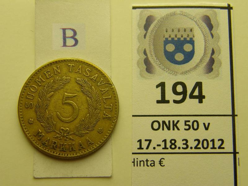 k-0194-b.jpg - Kohde 194 (kuva 2/2), l�ht�hinta: 50 &euro; / myyntihinta: 66 &euro; 5 mk 1928 pmv, kunto: 5