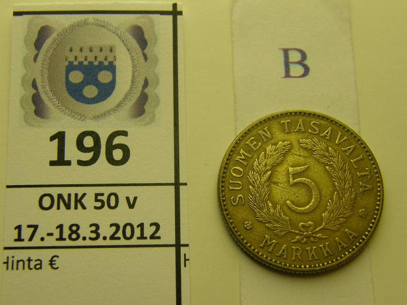 k-0196-b.jpg - Kohde 196 (kuva 2/2), l�ht�hinta: 50 &euro; / myyntihinta: 82 &euro; 5 mk 1929 eprv, pmv, kunto: 5