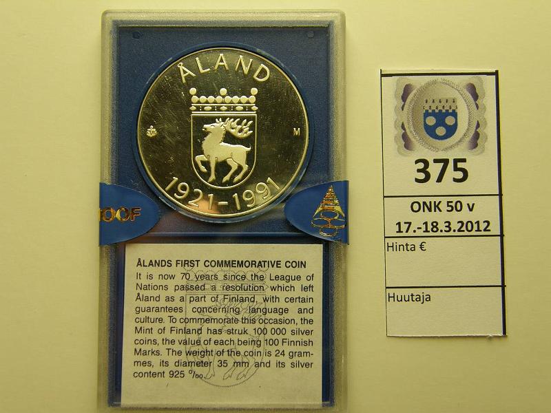 k-0375-a.jpg - Kohde 375, l�ht�hinta: 500 &euro; / myyntihinta: 500 &euro; 100 mk 1991 Ag, Proof, Ahvenanmaa, kotelo, ehj�t sinetit, harvinainen!, kunto: 10